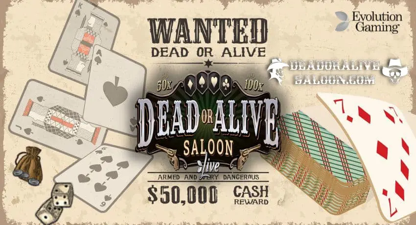 Finde zukünftige Bonuskarten bei der Kopfgeldjagd im abgebildeten Dead or Alive Saloon-Spiel.