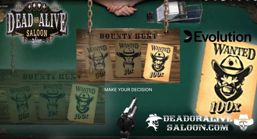 Izvēlieties savu balvu karti bonusa spēlē Bounty Hunt Dead or Alive Saloon attēlā.