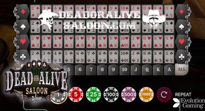 Dead or Alive Saloon játék lehetőséget ad arra, hogy dupla kártyákat kapjon egy rejtett szorzóval, amikor a bónusz játék kör kezdődik képen.