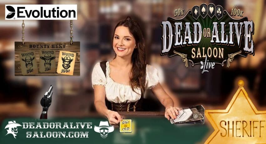 You can take part in Bounty Hunt Event with future bonus cards, a hidden multiplier and a double card feature in the Dead or Alive Saloon game created by Evolution Gaming pictured.