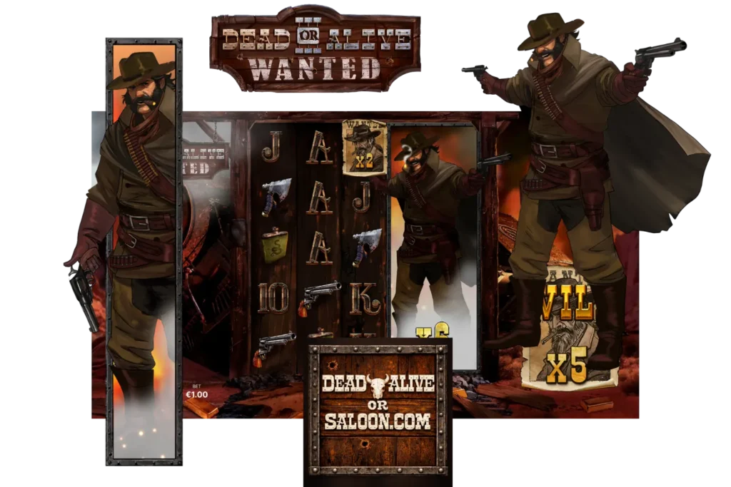 Dead or Alive 3 Wanted Basisspiel-Screenshot mit 5x5-Raster und Multiplikator-Jokersymbolen