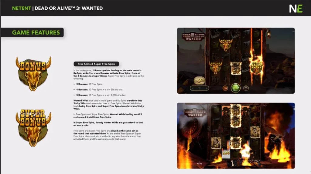 Dead or Alive 3 free spins and super free spins rules with Bonus and Super Bonus symbols from NetEnt specs