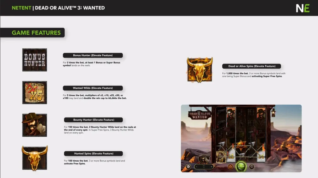Dead or Alive 3 Wanted Wilds and Bounty Hunter Wild mechanics with gameplay screenshots from NetEnt specs